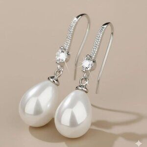 Diamond Pearl Earrings, Simple Freshwater Pearl Drop Earrings, Everyday Elegant